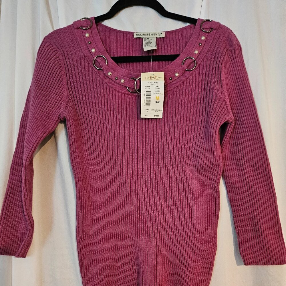 REQUIREMENTS‎ Womens Sweater Size Med Purple Round Neck 3/4 Knit Ribbed NWT